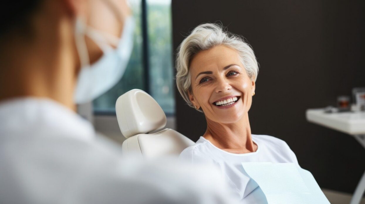 Happy mature woman having her teeth checked at a dental clinic